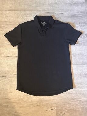 BYLT Basics open V Ribbed Black Polo Shirt